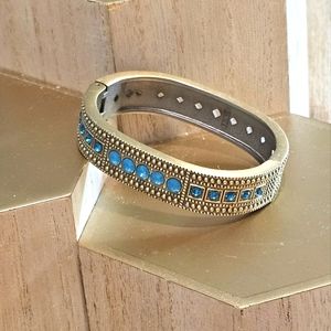 90's Clamper Bracelet in Bronze Tone with Light Blue Faceted & Opalescent Stone